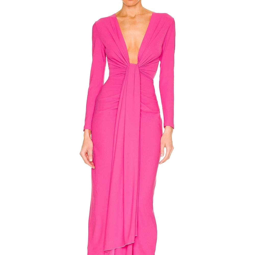 Solace London Hot Pink Long Sleeve Deep V Maxi Dress